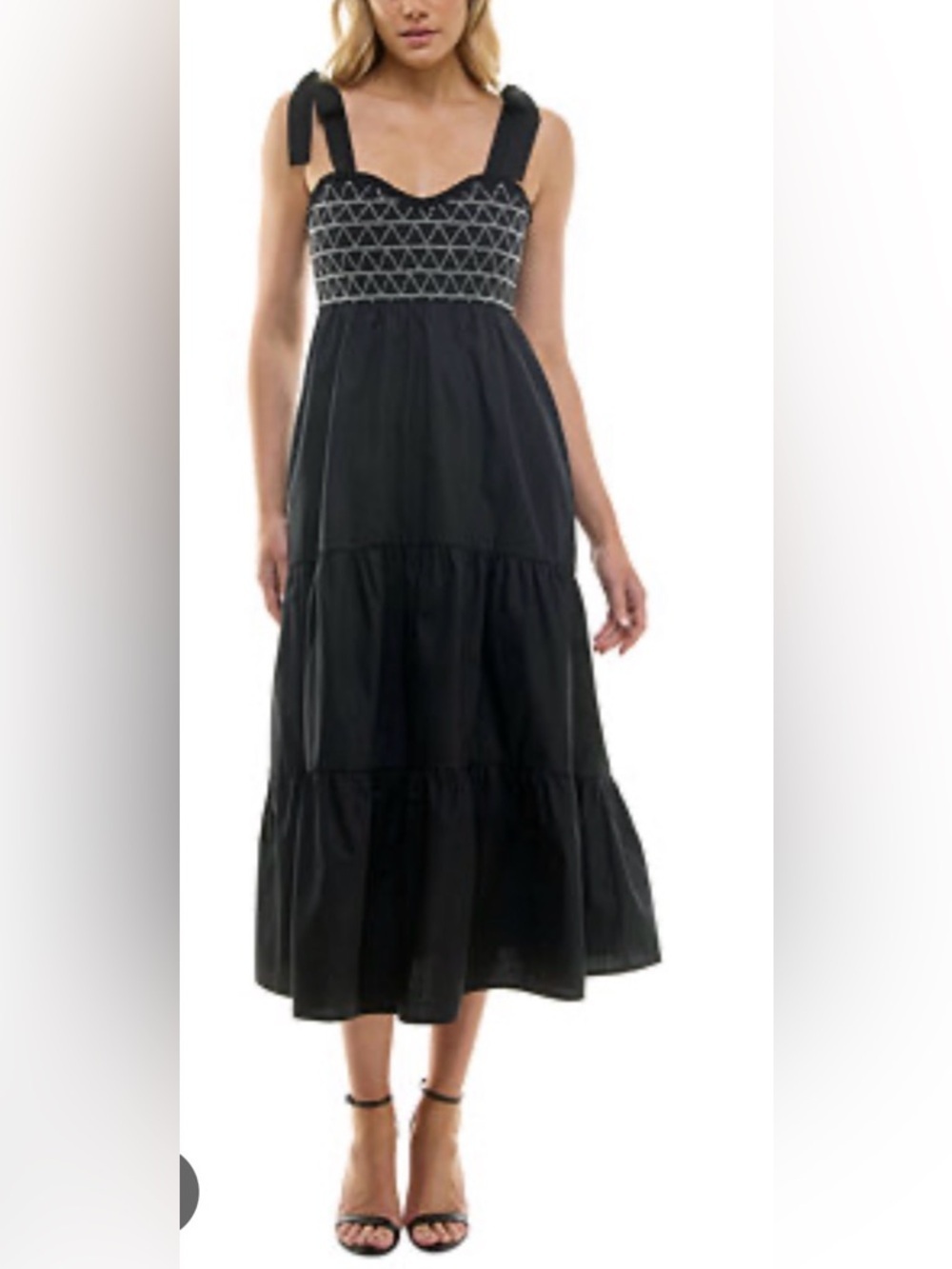 Trixxi Black Embroidered Smocked Tie Strap Tiered Midi Dress